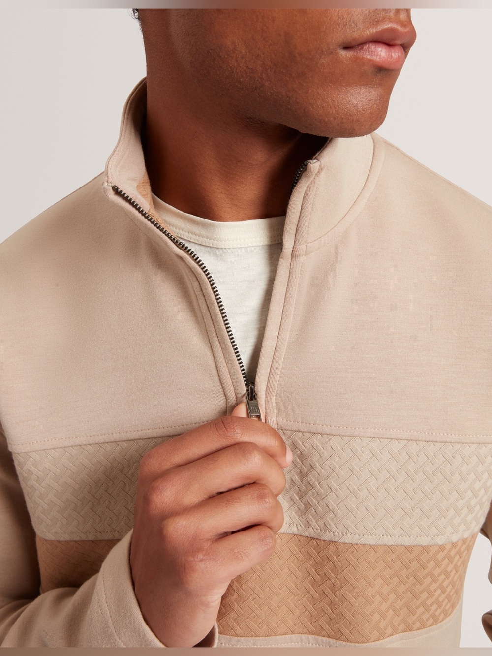 Ted Baker Chest Stripe Quarter Zip - Taupe. Size 7